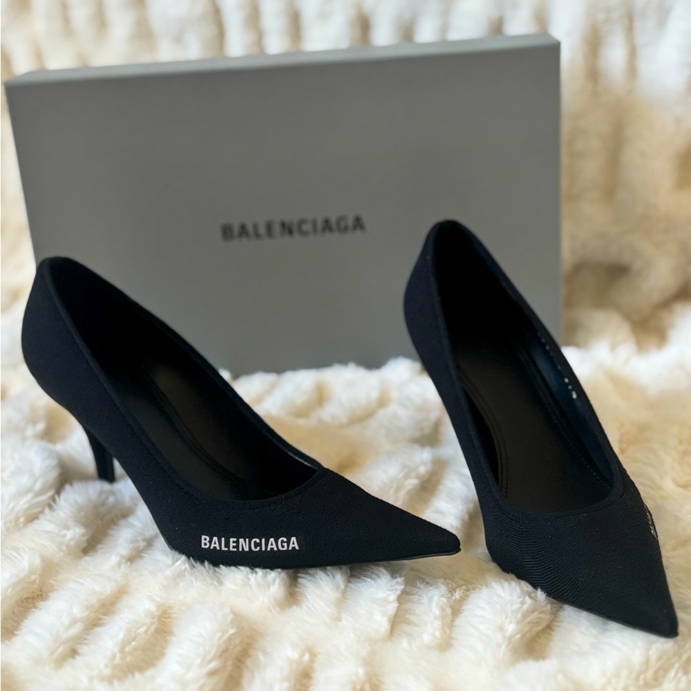 BALENCIAGA Lycra Knit Pointy Toe Pump - Black With Small Inscription